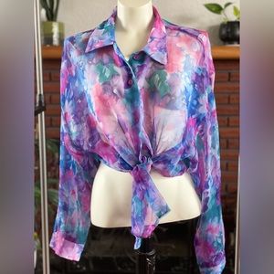 Vintage Pink And Blue Flower Blouse